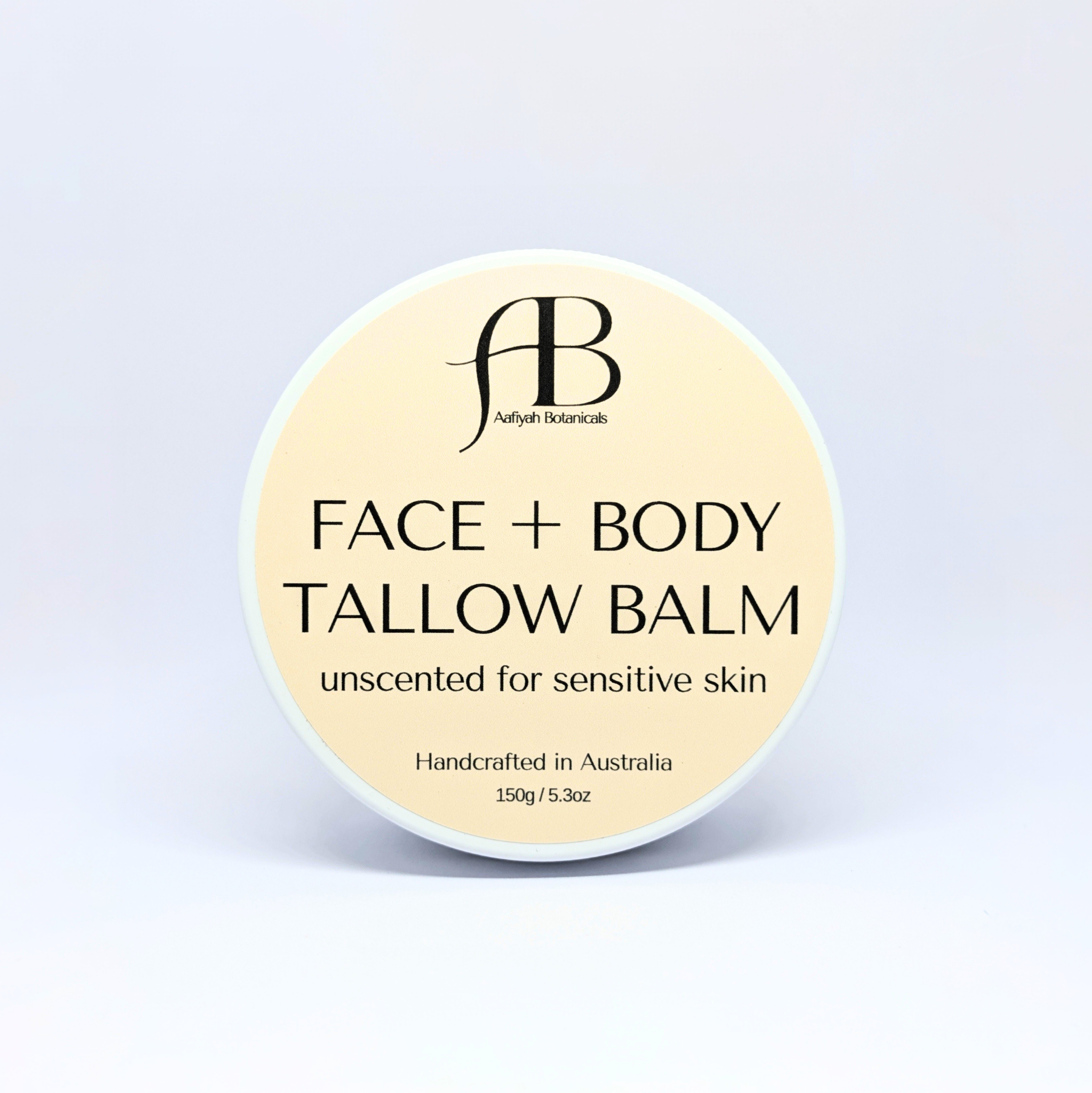 Aafiyah Botanicals unscented sensitive-skin tallow balm, 150g fragrance-free grass-fed halal moisturiser