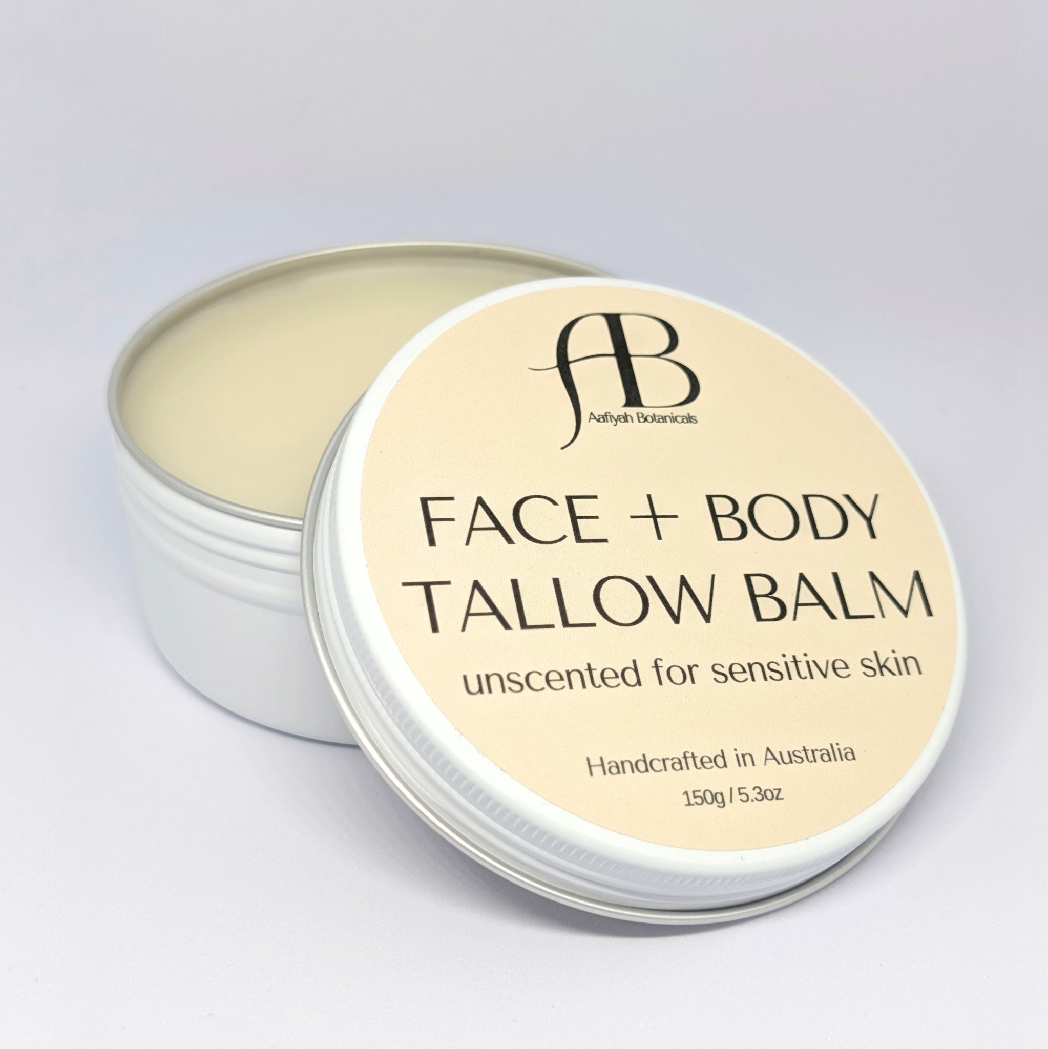 Fragrance-free grass-fed tallow balm for sensitive skin by Aafiyah Botanicals — certified halal, Australian made